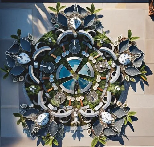 a circular artwork of blue, black and white shapes,door wreath,art deco wreaths,holly wreath,christmas wreath,wreath,christmas lights wreath,Unique,Design,Knolling