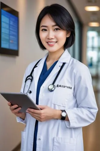 Asian woman, 25yo, fit, healthy skin, short black hair, minimal makeup, white doctor's coat, stethoscope around neck, holding a tablet, standing in front of a modern hospital background, bright lighti