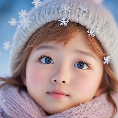 Delicate snowflakes, gently resting, nose, eyelashes, frozen crystals, intricate patterns, soft focus, close-up shot, facial features, gentle expression, winter wonderland, serene atmosphere, frosty a