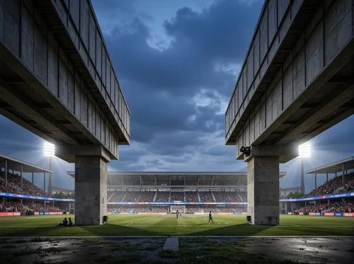 Exposed concrete columns, raw steel beams, cantilevered roofs, angular lines, brutalist architecture, monumental scale, imposing grandstands, steep seating slopes, vibrant team colors, floodlighting, 