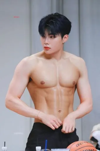 Shirtless naked man with slim waist, abs, pink nipples and white light skin. Smooth, bright light and no shadow. ,a young man standing by a basketball and bottle of juice,yanan,injong,taek,mingjie,hyu