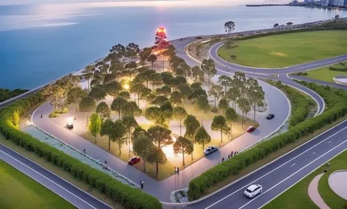 parque moderno con carros y gente alrededor y que se vea realista en modo isometrico,a traffic roundabout with cars on the road and a tower that looks like a pyramid,port melbourne,barangaroo,st kilda