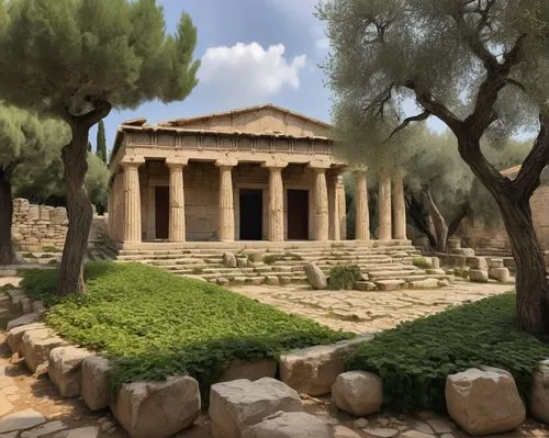 Ancient Greek temple, Doric columns, ornate carvings, crumbling stone walls, overgrown with ivy, surrounded by olive trees, warm Mediterranean sunlight, dusty terrain, archaeological excavation site, 