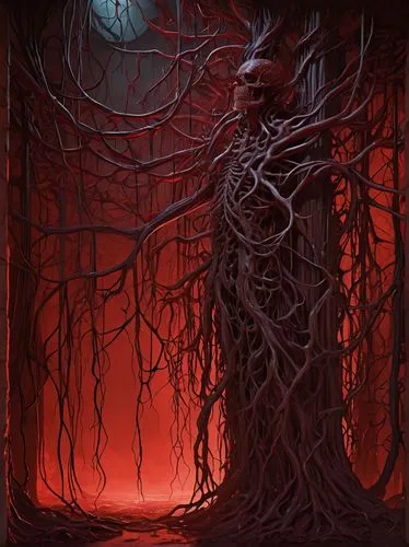 tree and roots,rooted,red tree,creepy tree,plant and roots,the roots of trees,tendrils,roots,regenerative,tree's nest,root chakra,barren,arteries,uprooted,the branches of the tree,blood maple,aorta,the branches,circulatory,hall of the fallen,Illustration,Children,Children 04