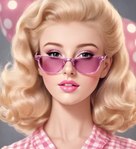  Blonde, pink, Barbie, cinema poster, luscious lips, gingham dress, photorealistic, gorgeous, pastel pink 1950s sunglasses,pink glasses,barbie doll,realdoll,doll's facial features,fashion dolls,pink r