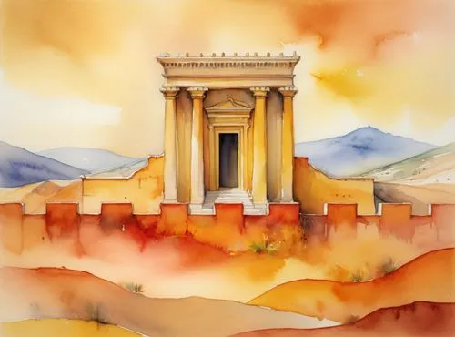 A rendering of the salomon's jerusalem Temple atop a mountain, surrounded by vibrant shades of yellow and orange, with sand landskape at its base wattercolor stile.,watercolor painting of salomon's te