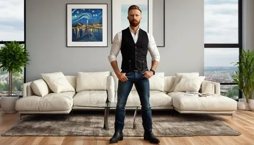 Muscular man, mature, 30s, stylish hair, short beard, white shirt, black vest, dark blue jeans, leather belt, black boots, standing, confident pose, modern interior, luxurious living room, cream walls