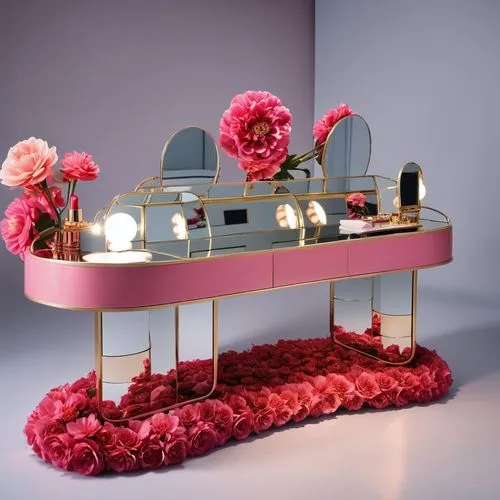 Beauty pop-up makeup table design, decorated with flowers on both sides. Three mirrors, curved shape, lipstick exhibition,dressing table,beauty room,flower cart,valentine's day décor,cosmetics counter