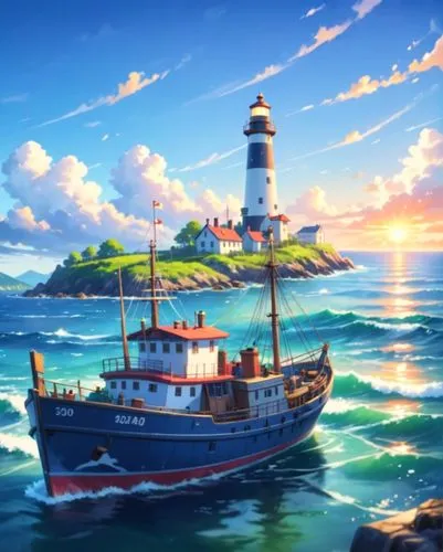 a fishing ship passed by the lighthouse,a painting of a boat going by a lighthouse,sea fantasy,yazaki,schoolship,sea sailing ship,caravel,yamatai,Anime,Anime,Cartoon