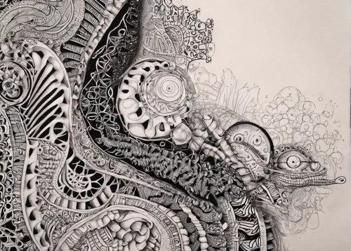 Ready for Science? by aJVL,zentangle,pen drawing,intricate,mandala drawing,biomechanical,tangle,octopus,pencil and paper,mechanical,cephalopod,paisley pattern,silver octopus,paisley,graphite,mandala e