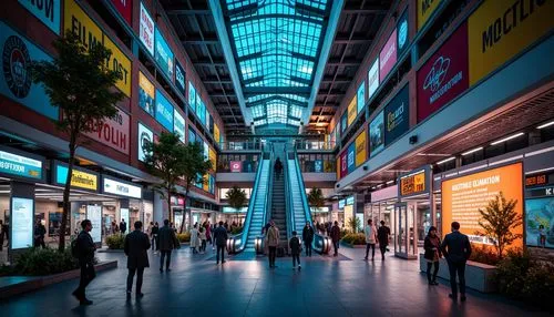 Vibrant urban transportation hub, bustling atmosphere, neon lights, bold signage, steel beams, modern architecture, glass ceilings, sleek escalators, dynamic pedestrian flow, rush hour crowds, eclecti