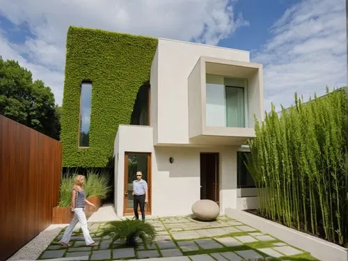 CASA ESTILO MINIMALISTA UBICADA EN UN FRACCIONAMIENTO CON VEGETACIÓN EXUBERANTE, PERSONAS,ARBOLES, PALMERAS, CORRECCION DE ERRORES,two people are walking outside of the front door of a house,cubic hou