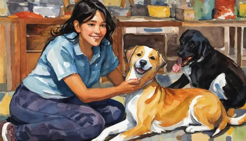 girl with dog,veterinary,veterinarian,basset artésien normand,bassett,pet portrait,basset bleu de gascogne,oil painting,painting technique,treeing walker coonhound,dog illustration,artist portrait,american foxhound,oil on canvas,entlebucher mountain dog,saluki,greater swiss mountain dog,female dog,collie,doberman,Conceptual Art,Oil color,Oil Color 18