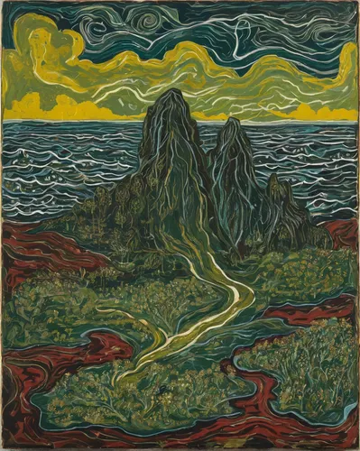 Amidst a thunderstorm, two souls succumb to undeniable attraction.,vincent van gough,el mar,navajo bay,an island far away landscape,volcanic landscape,aeolian landform,vesuvius,mountain scene,volcanis