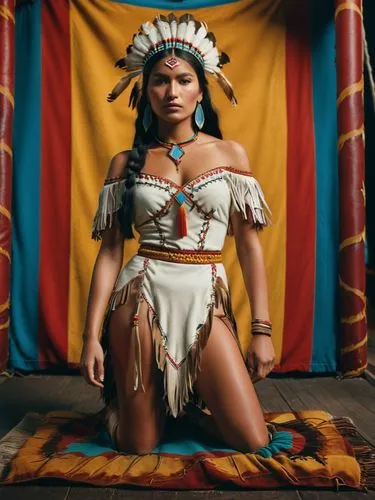 Beautiful, ultra-realistic colour photo of the chief's daughter Pocahontas from a fairground show, with deerskin dress.,a woman sitting on top of a bed wearing an indian costume,pocahontas,native amer