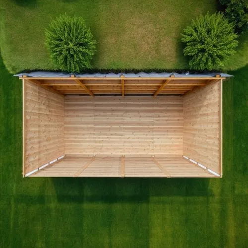 Three wooden walls and a roof above me d,an aerial view of a small wooden shelter,serralves,grass roof,view from above,overhead view,ballcourt,from above,Photography,General,Realistic