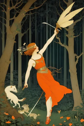 throwing leaves,bow and arrows,bows and arrows,ballerina in the woods,falconer,swordswoman,bow and arrow,torch-bearer,harpy,treeing feist,bow arrow,flying girl,cupid,vintage illustration,archery,faerie,longbow,hunting scene,fae,artemis,Illustration,Retro,Retro 15