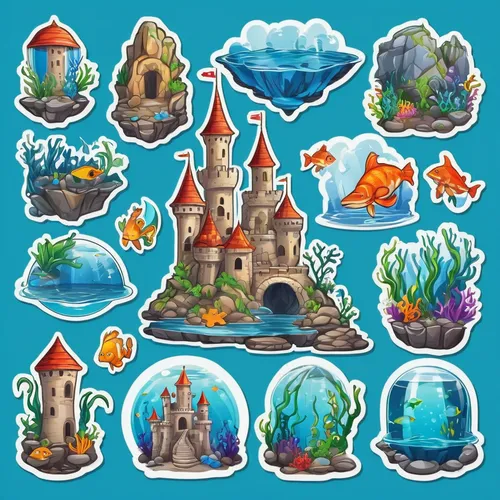 fairy tale icons,underwater playground,aquarium,aquariums,aquarium decor,underwater oasis,aquarium inhabitants,underwater world,underwater landscape,fishes,clipart sticker,animal stickers,underwater background,coral reef,mermaid background,fish collage,collected game assets,houses clipart,water castle,under the sea,Unique,Design,Sticker