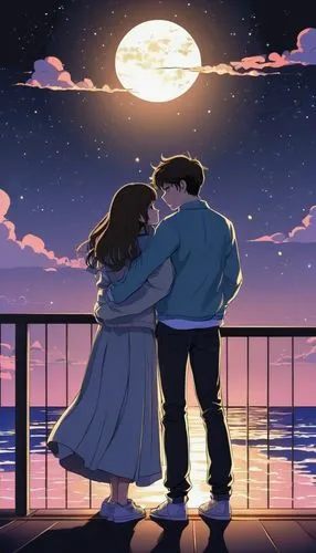 honeymoon,the moon and the stars,romantic scene,hiyayakko,stargazing,romantic night,sea night,moonlight,clear night,falling stars,stars and moon,moon night,moon and star,moon and star background,promise,starry sky,on the pier,constellations,night sky,the night sky,Illustration,Japanese style,Japanese Style 07