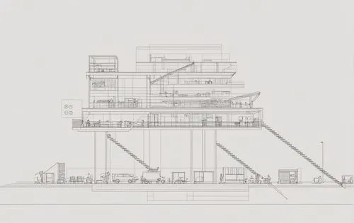 an platform city，生成时候只照顾线条即可，将这个当作一个建筑的section view的图纸来对待，不要加入过多的装饰物.将platform city下面的城市作为最简单化只保留形状,architectural drawing showing steps from a building to a parking lot,cantilevered,archigram,cantilev