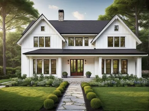 Two-story family home, modern farmhouse architectural style, white exterior walls, black roof, large windows, wooden front door, symmetrical facade, lush green lawn, blooming flowers in garden beds, s