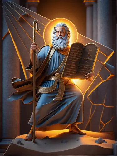 Moisés com as tábuas da lei nas mãos tendo uma luz radiante batento em suas costas.,zeus,twelve apostle,socrates,biblical narrative characters,the death of socrates,pythagoras,moses,sci fiction illust