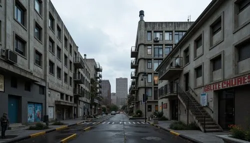 Raw concrete structures, bold brutalist architecture, industrial materials, distressed finishes, rugged textures, monochromatic color scheme, muted earth tones, weathered steel accents, cold blue-grey