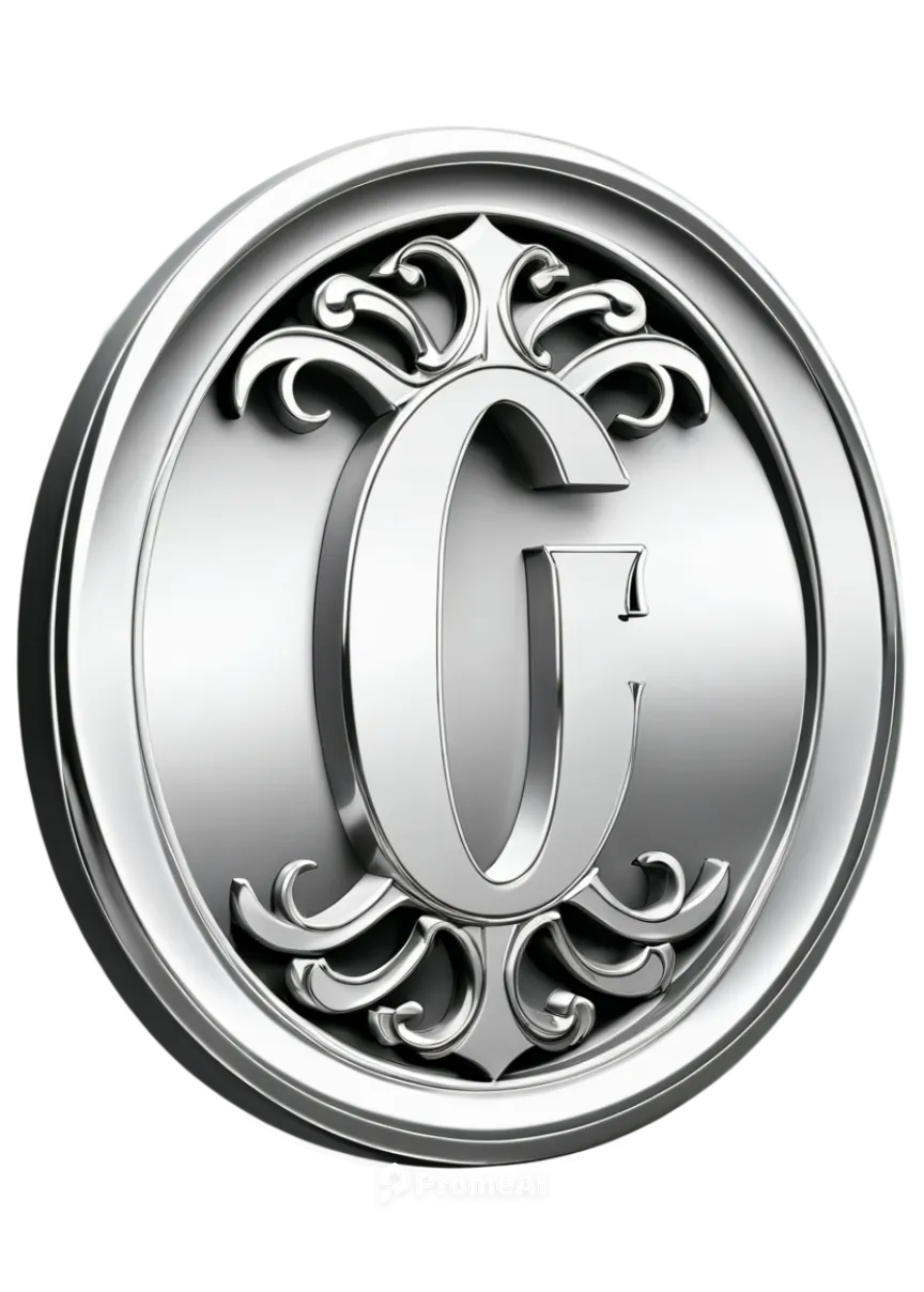 Coupe car logo, metallic silver, chrome finish, circular shape, bold font, capital letter "C", 3D embossing effect, reflective surface, high-gloss finish, close-up shot, 45-degree angle, softbox light