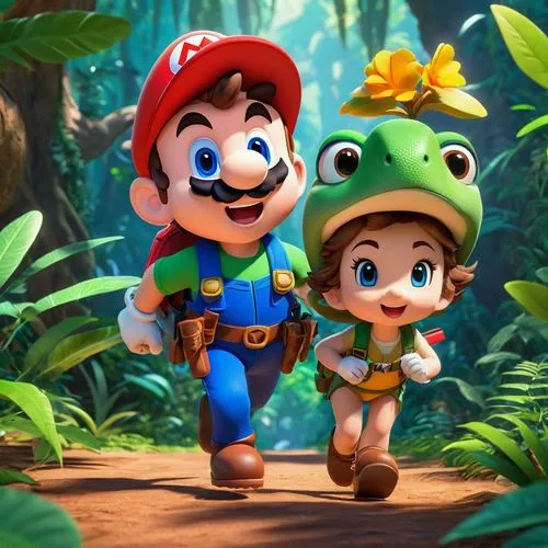 super mario brothers,marios,mario bros,paisanos,gamesradar,spelunkers,plumbers,morio,toadstools,platformers,toads,cartoon video game background,game characters,lumbers,luigi,happy children playing in the forest,spelunker,cartoon forest,caballeros,forest workers,Unique,3D,3D Character