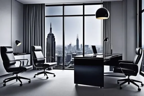 商务感，高级感,there is a desk in the room that has black and white chairs,blur office background,modern office,furnished office,office chair,offices,consulting room,Photography,General,Realistic