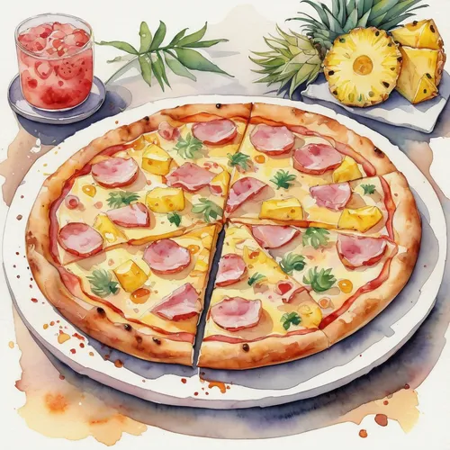 Recipe watercolor, A cute watercolor painting of a Hawaiian pizza, with a smiling slice covered in ham, pineapple chunks, and a sprinkle of cheese. HD 16K,pizza hawaii,california-style pizza,ananas,pi