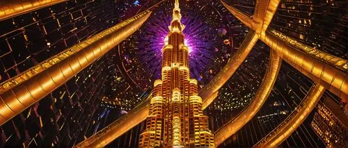 Iconic buildings, grandiose structures, majestic skylines, modern metropolis, Burj Khalifa, Dubai, futuristic skyscraper, sleek lines, metallic materials, reflective glass, towering spire, symmetrical