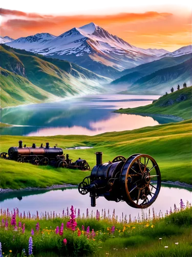 Scenic landscape, serene atmosphere, rolling hills, lush green grass, vibrant wildflowers, misty fog, majestic mountains, snow-capped peaks, sparkling lake, calm waters, sunset glow, warm lighting, 3/