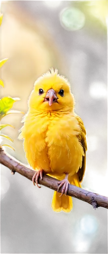 Yellow canary, cute facial expression, bright eyes, small beak, fluffy feathers, perched on branch, singing pose, morning sunlight, soft focus, warm color tone, shallow depth of field, cinematic compo