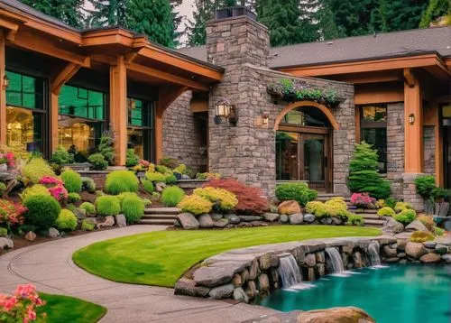 Modern architectural design, northwest Bellevue WA, luxury mansion, grand entrance, tall columns, large windows, wooden door, stone walls, green roof, lush garden, blooming flowers, water feature, inf