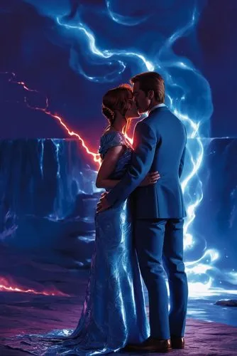 two people in formal clothes pose for a po in front of a bright sky,filoni,fire background,aurora australis,garrison,lava,kamehameha,Illustration,American Style,American Style 01