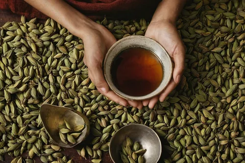 In a bustling Middle Eastern market, a cardamom-infused tea captivates the protagonist's senses.,cardamom,assam tea,roasted barley tea,coffee beans and cardamom,masala chai,maojian tea,mung bean,ceylo