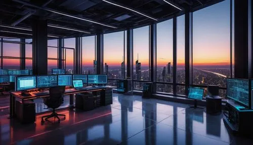 Modern decision architecture, futuristic skyscraper, sleek glass exterior, neon lights reflecting off polished floor, intricate network of computers, servers, and mainframes, rows of busy programmers,