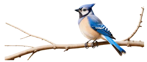 Blue jay, solo, vibrant blue feathers, white belly, black necklace, small beak, round eyes, perched, sitting, wooden branch, morning sunlight, shallow depth of field, warm color tone, cinematic lighti