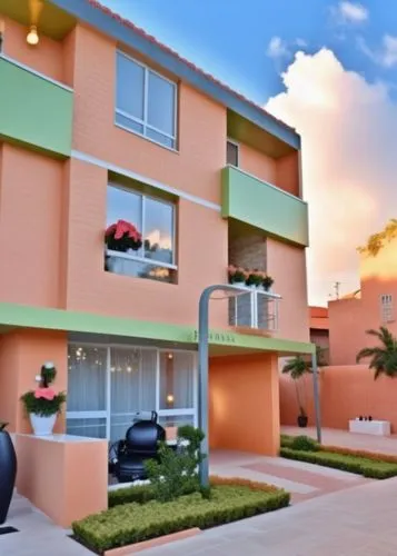 Hermosa casa de condominio estilo lujo moderno Borde de techo verde, pared exterior ladrillo terracota claro el jardín con flores, en el interior hermosos mostradores de maquillaje y productos de pelu