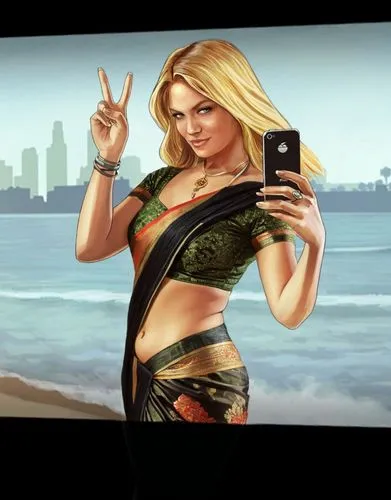 wear saree,woman in sari standing on beach showing victory sign,gta,tropico,girl making selfie,woman holding a smartphone,ps5,gta5