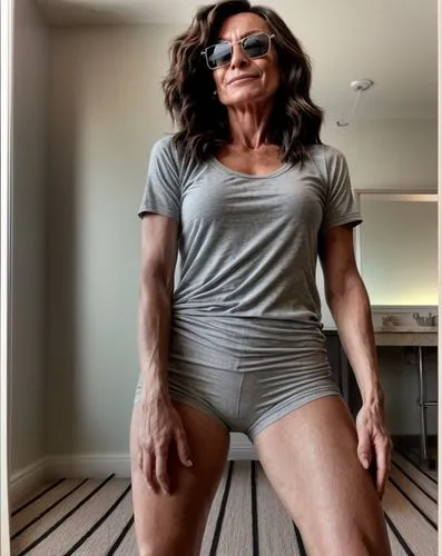 a woman in a grey shirt and shorts posing,thighpaulsandra,gilf,enza,taraji,hard woman,araceli