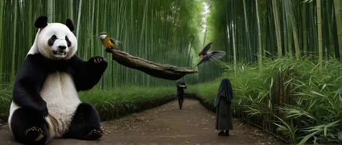 Set a romantic scene in a bamboo forest where a panda and a hummingbird fall in love.,bamboo forest,giant panda,chinese panda,hanging panda,bamboo,pandas,bamboo flute,panda,pandabear,panda bear,bamboo