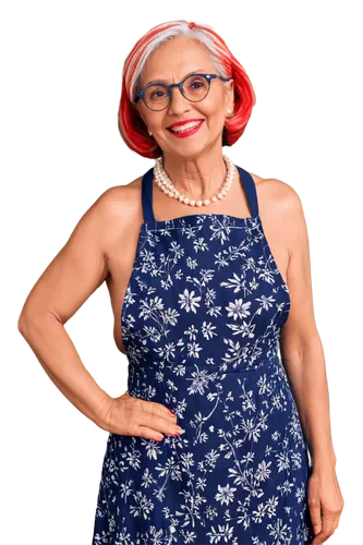 Latina granny, mature woman, solo, (60yo), wrinkles, silver hair, round glasses, red lipstick, floral patterned dress, apron, pearl necklace, warm smile, standing, hands on hips, warm lighting, shallo