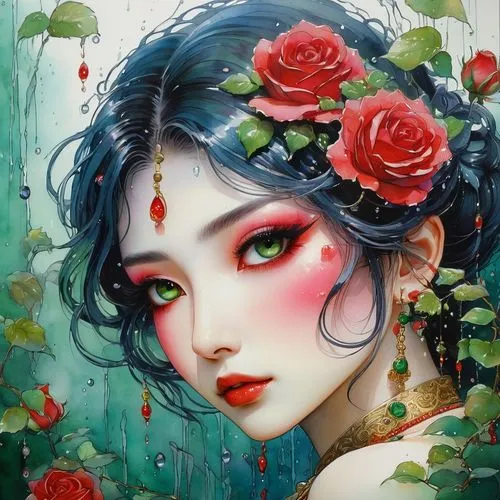 geisha,geisha girl,fantasy portrait,flora,girl in flowers,芦ﾉ湖,oriental princess,chinese art,rose flower illustration,flower painting,oriental girl,jasmine blossom,beautiful girl with flowers,han thom,water lotus,coral bells,flower fairy,japanese art,amano,water rose,Conceptual Art,Sci-Fi,Sci-Fi 22