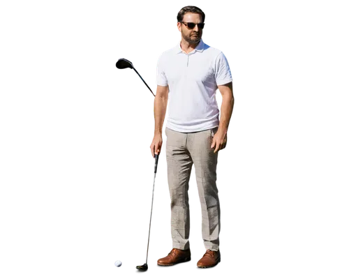 Golf player, male, mature, athletic build, holding golf club, white shirt, plaid pants, brown shoes, sunglasses, hat, beard, serious expression, standing, bent knee, backswing, morning sunlight, soft 