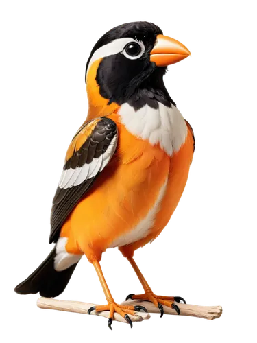 Large grosbeak bird, vibrant plumage, black head, white eye patches, orange beak, detailed feathers, perched, spread wings, morning sunlight, soft focus background, 3/4 composition, warm color tone, s