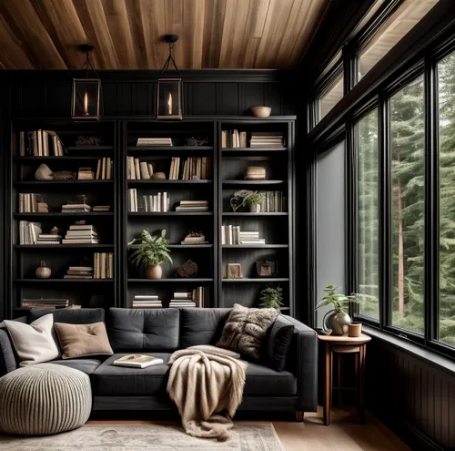 bookshelves,wooden windows,bookcase,book wall,wooden shelf,bookshelf,livingroom,modern decor,dark cabinetry,contemporary decor,shelving,scandinavian style,wood window,interiors,interior design,wooden beams,interior modern design,wooden planks,window treatment,wood wool