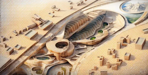 sci fiction illustration,futuristic landscape,aerial landscape,airships,panoramical,futuristic architecture,ancient city,excavation,metropolis,biomechanical,mandelbulb,airship,mitochondrion,cartography,desert planet,alien planet,cross-section,industrial landscape,nautilus,masada