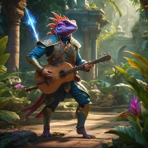 a beautiful colorful lizard-like creature against a humanoid. The background is a tropical garden of an ancient palace inside the jungle. ,art bard,bard,miguel of coco,musician,scandia gnome,serenade,